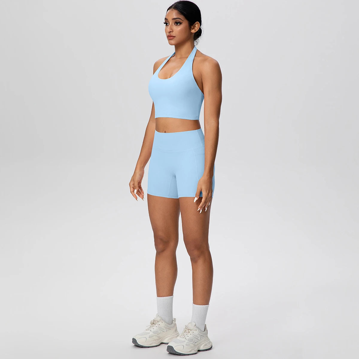 Women Yoga Set Quick-Dry Hip Push Up Fitness Running Shorts With Pockets Solid Color Sexy Backles Gather Halter Bra Gym Yoga Set