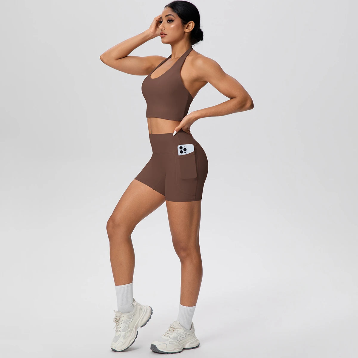 Women Yoga Set Quick-Dry Hip Push Up Fitness Running Shorts With Pockets Solid Color Sexy Backles Gather Halter Bra Gym Yoga Set