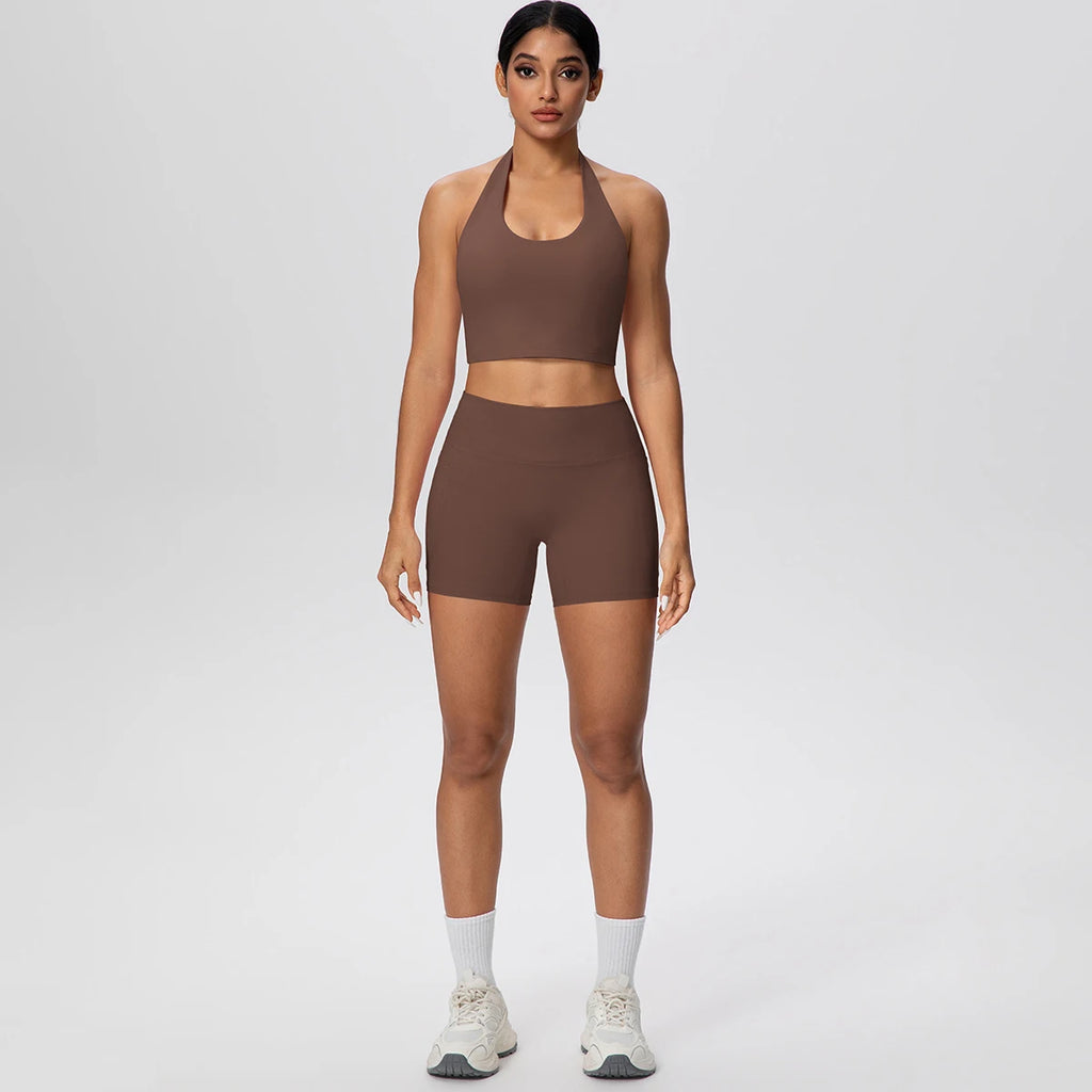 Women Yoga Set Quick-Dry Hip Push Up Fitness Running Shorts With Pockets Solid Color Sexy Backles Gather Halter Bra Gym Yoga Set