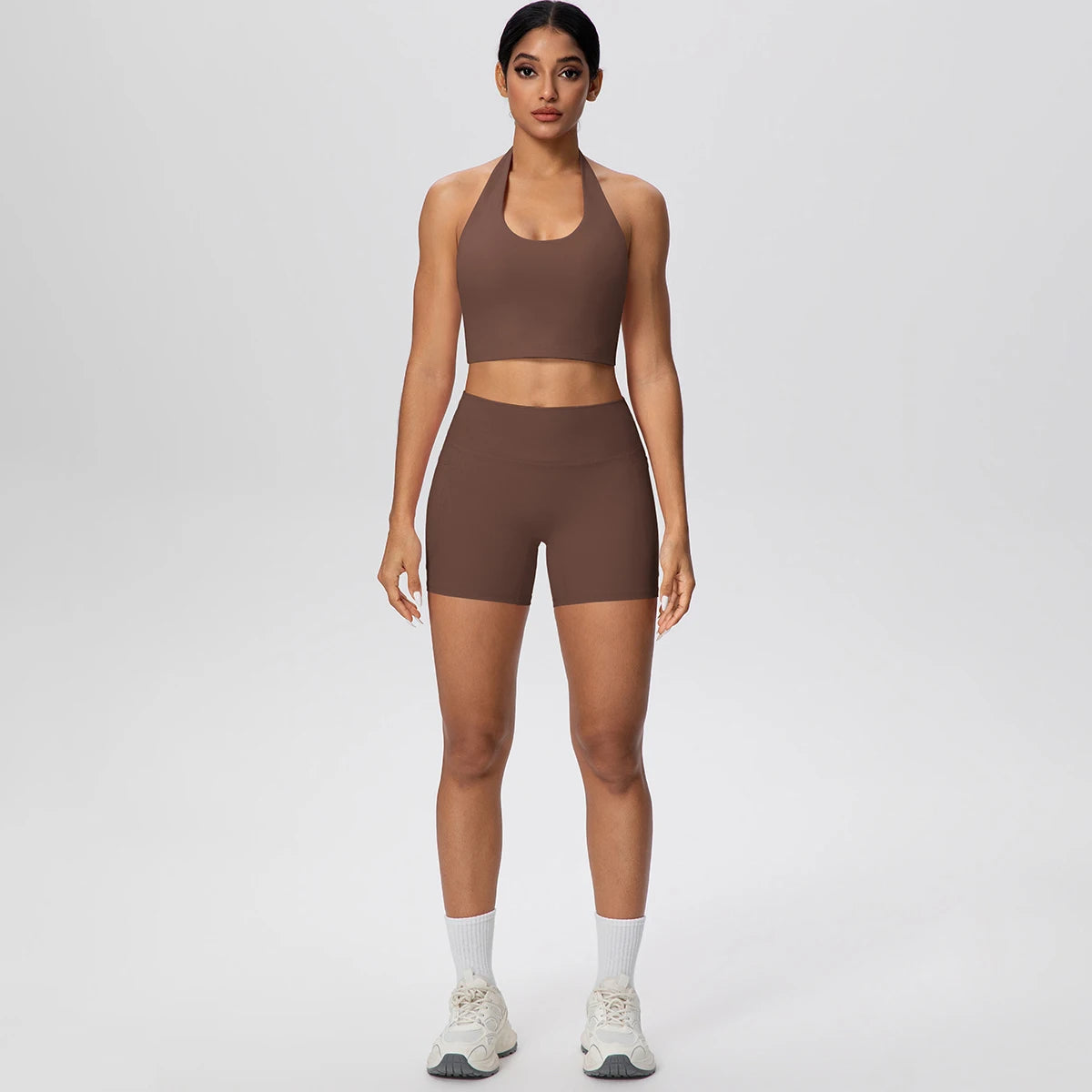 Women Yoga Set Quick-Dry Hip Push Up Fitness Running Shorts With Pockets Solid Color Sexy Backles Gather Halter Bra Gym Yoga Set