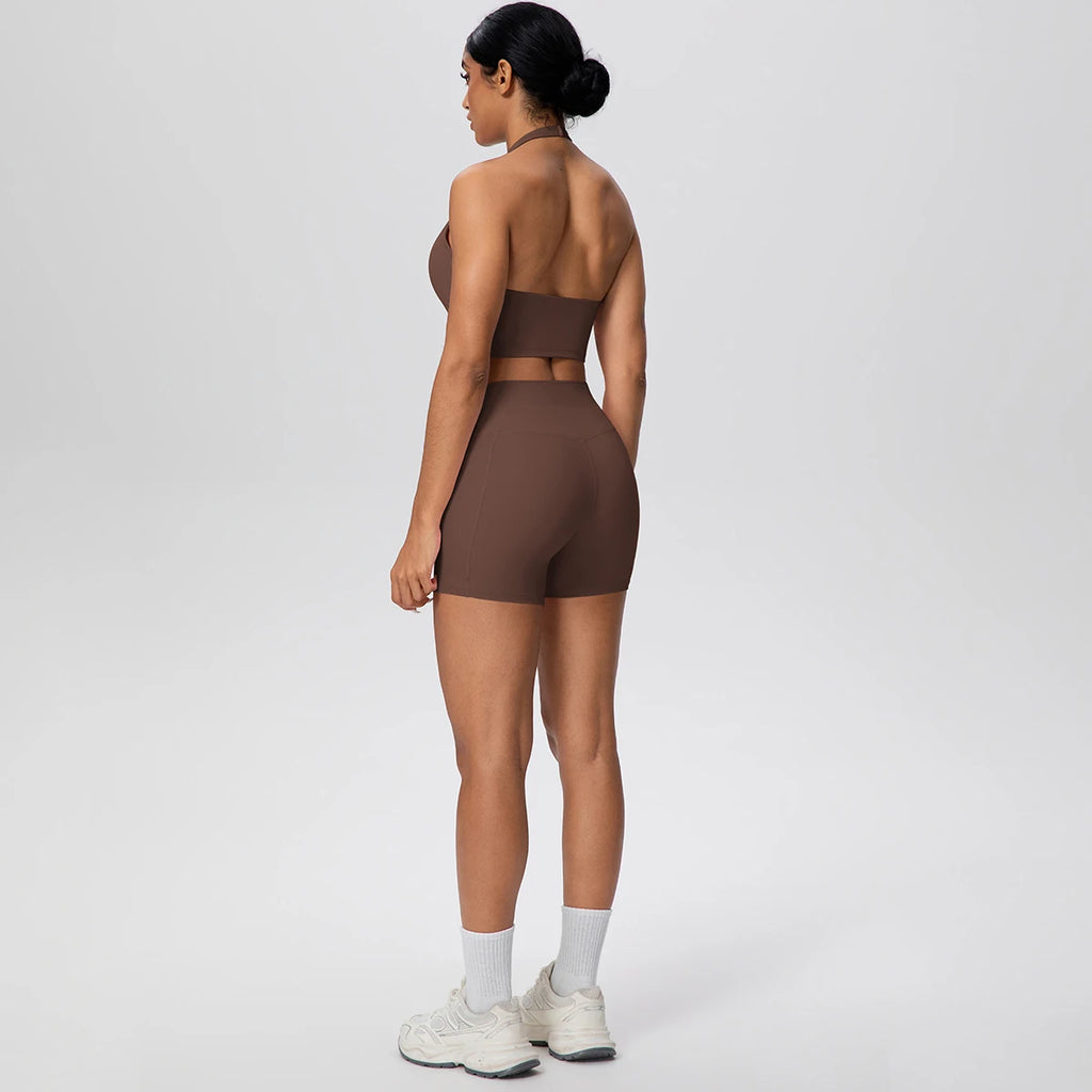 Women Yoga Set Quick-Dry Hip Push Up Fitness Running Shorts With Pockets Solid Color Sexy Backles Gather Halter Bra Gym Yoga Set