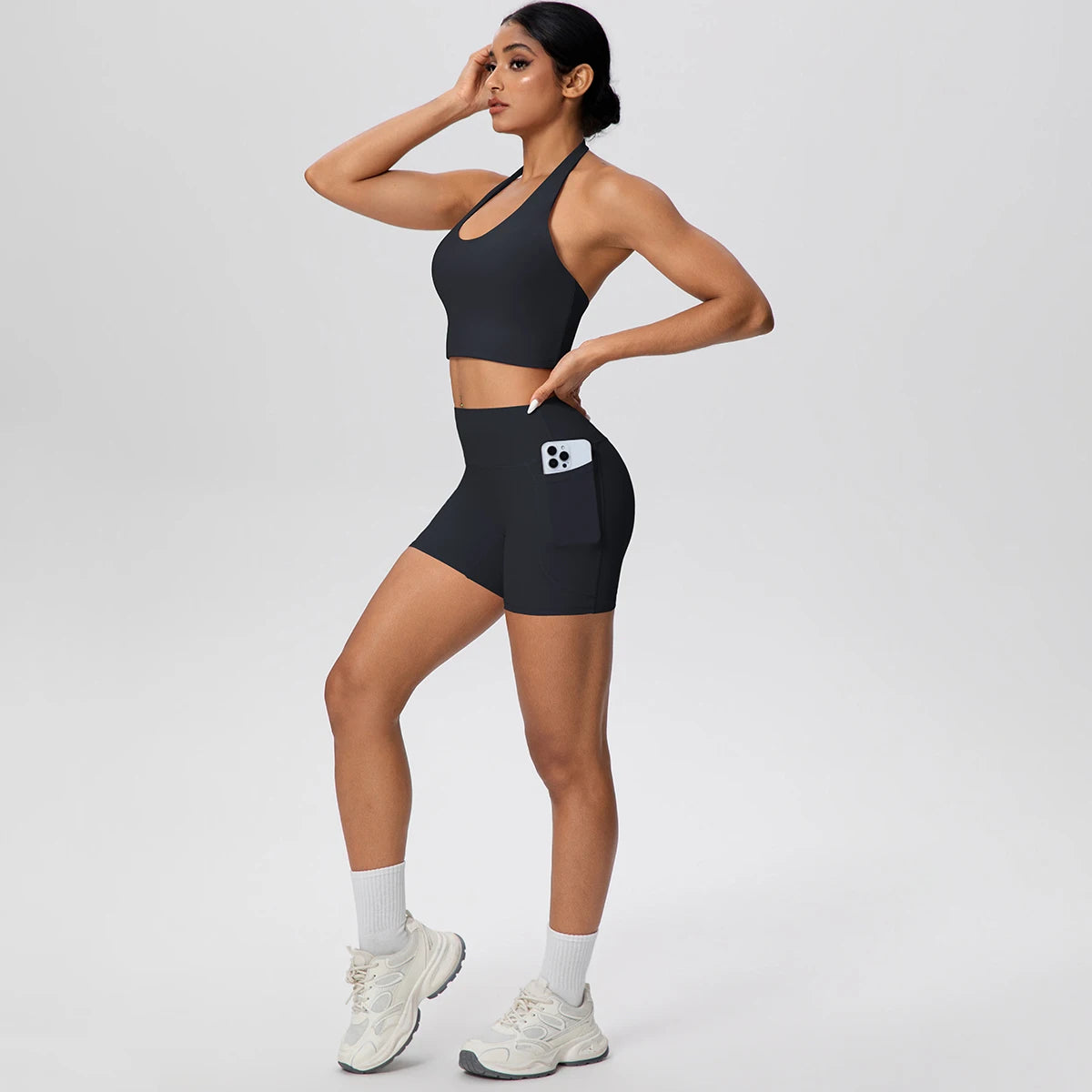 Women Yoga Set Quick-Dry Hip Push Up Fitness Running Shorts With Pockets Solid Color Sexy Backles Gather Halter Bra Gym Yoga Set