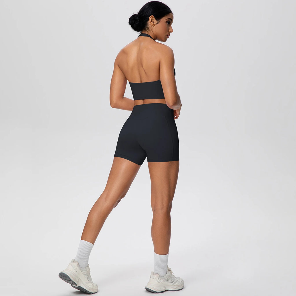 Women Yoga Set Quick-Dry Hip Push Up Fitness Running Shorts With Pockets Solid Color Sexy Backles Gather Halter Bra Gym Yoga Set
