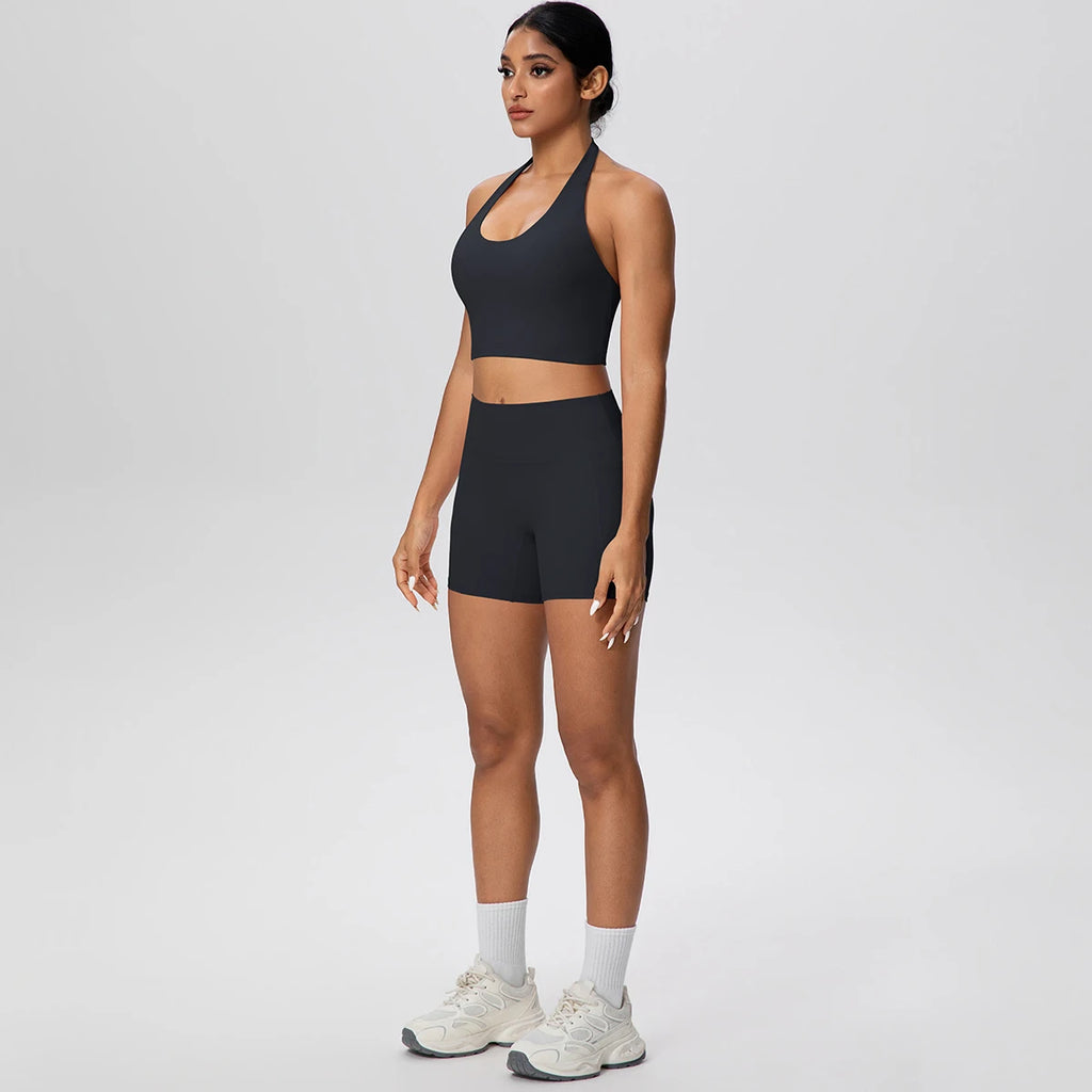 Women Yoga Set Quick-Dry Hip Push Up Fitness Running Shorts With Pockets Solid Color Sexy Backles Gather Halter Bra Gym Yoga Set