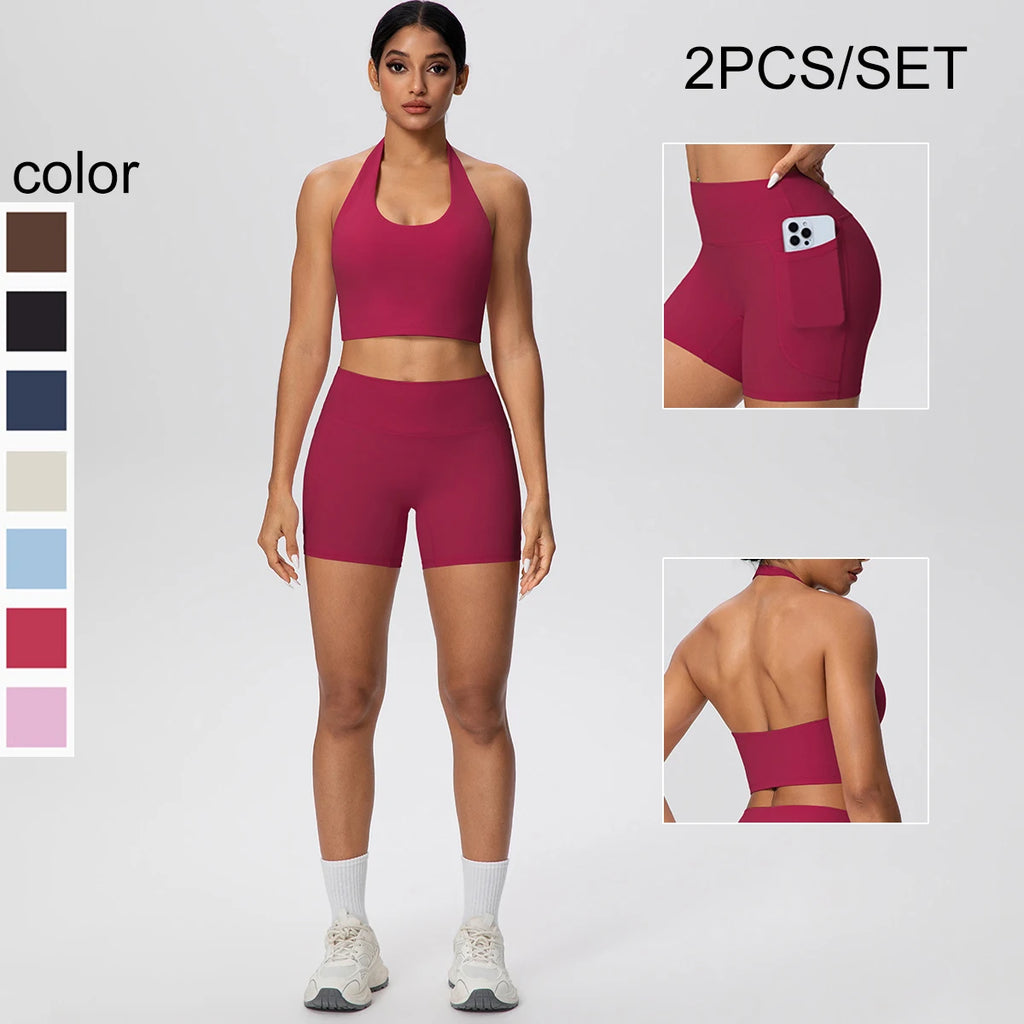 Women Yoga Set Quick-Dry Hip Push Up Fitness Running Shorts With Pockets Solid Color Sexy Backles Gather Halter Bra Gym Yoga Set