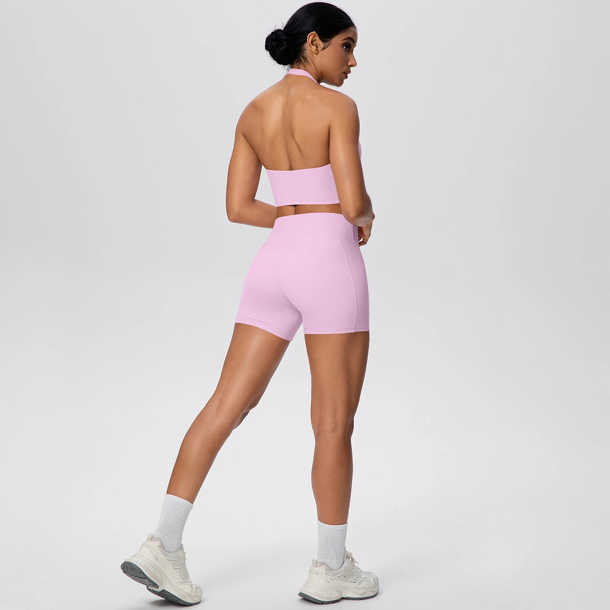 Women Yoga Set Quick-Dry Hip Push Up Fitness Running Shorts With Pockets Solid Color Sexy Backles Gather Halter Bra Gym Yoga Set