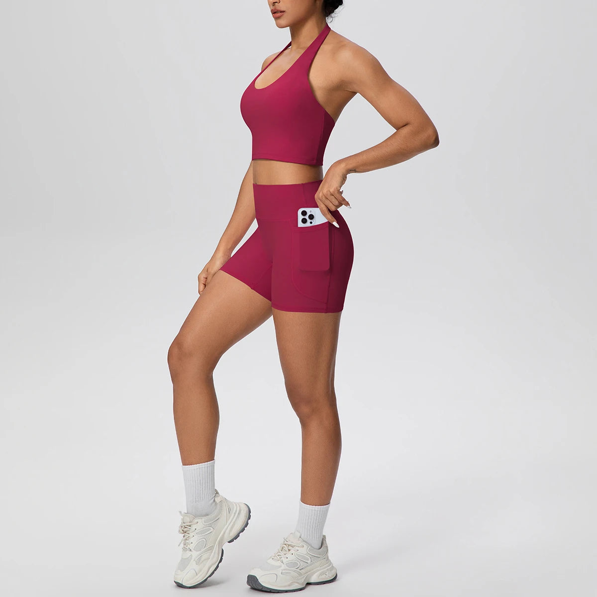 Women Yoga Set Quick-Dry Hip Push Up Fitness Running Shorts With Pockets Solid Color Sexy Backles Gather Halter Bra Gym Yoga Set
