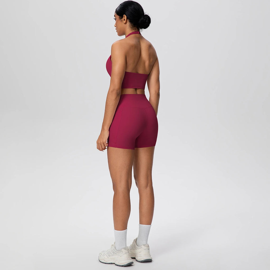 Women Yoga Set Quick-Dry Hip Push Up Fitness Running Shorts With Pockets Solid Color Sexy Backles Gather Halter Bra Gym Yoga Set