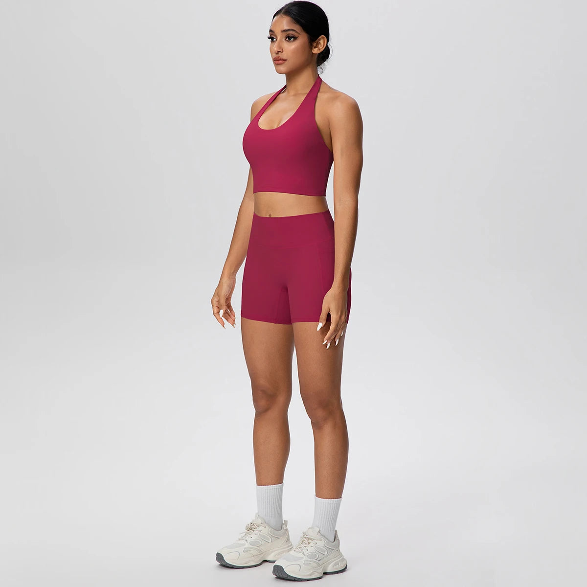 Women Yoga Set Quick-Dry Hip Push Up Fitness Running Shorts With Pockets Solid Color Sexy Backles Gather Halter Bra Gym Yoga Set
