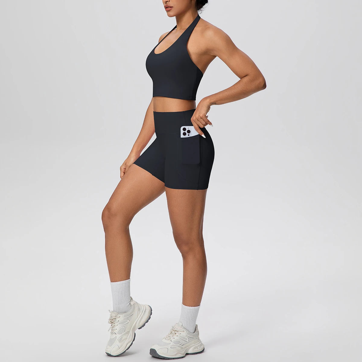 Women Yoga Set Quick-Dry Hip Push Up Fitness Running Shorts With Pockets Solid Color Sexy Backles Gather Halter Bra Gym Yoga Set