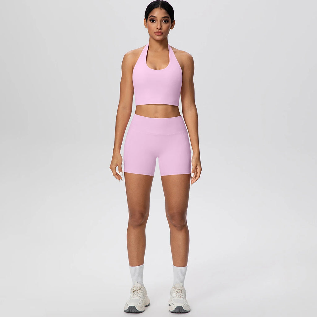 Women Yoga Set Quick-Dry Hip Push Up Fitness Running Shorts With Pockets Solid Color Sexy Backles Gather Halter Bra Gym Yoga Set