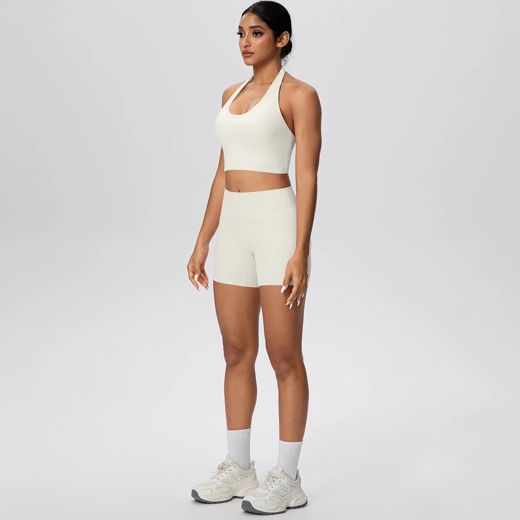 Women Yoga Set Quick-Dry Hip Push Up Fitness Running Shorts With Pockets Solid Color Sexy Backles Gather Halter Bra Gym Yoga Set