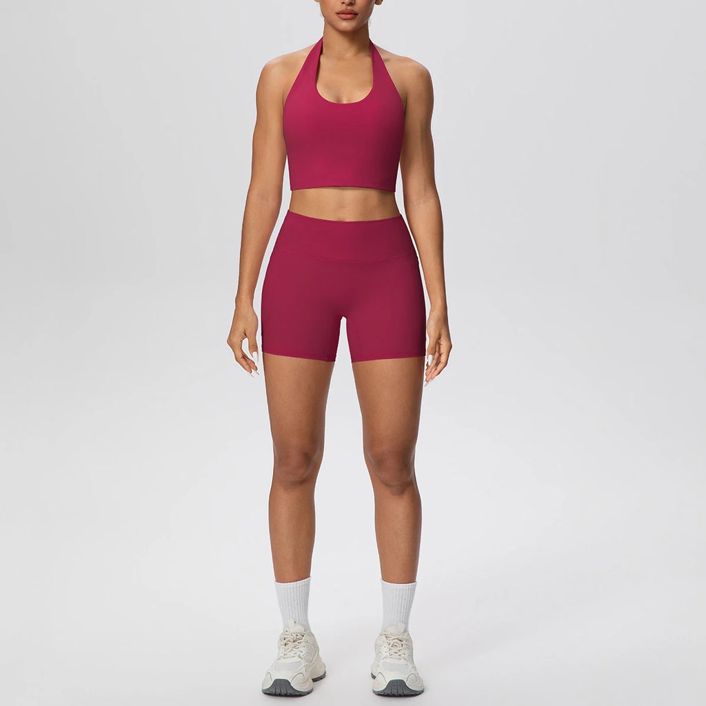 Women Yoga Set Quick-Dry Hip Push Up Fitness Running Shorts With Pockets Solid Color Sexy Backles Gather Halter Bra Gym Yoga Set