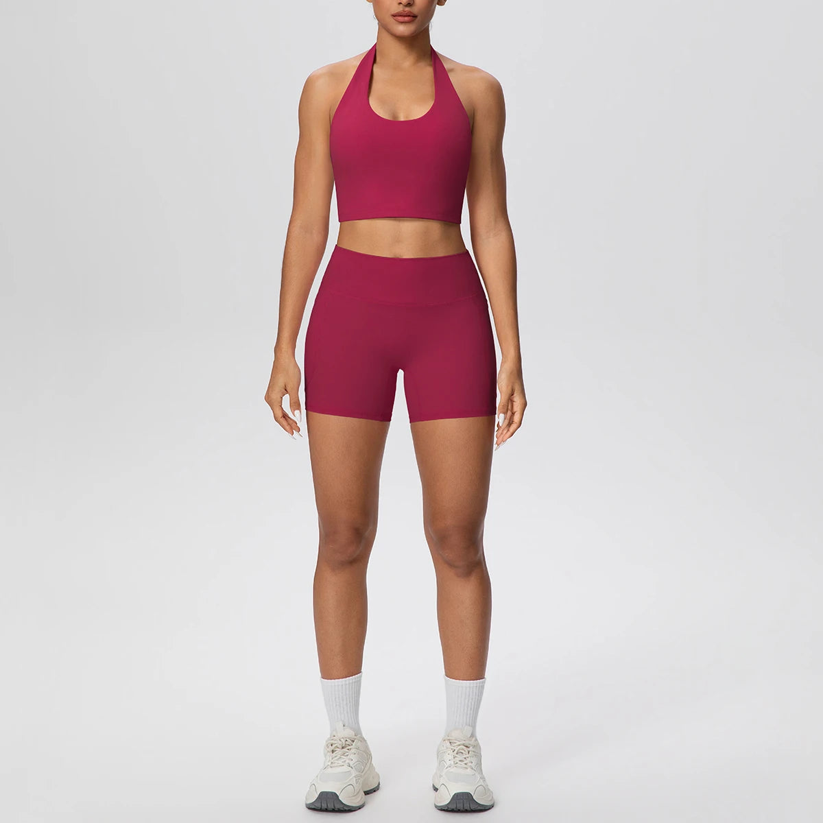 Women Yoga Set Quick-Dry Hip Push Up Fitness Running Shorts With Pockets Solid Color Sexy Backles Gather Halter Bra Gym Yoga Set