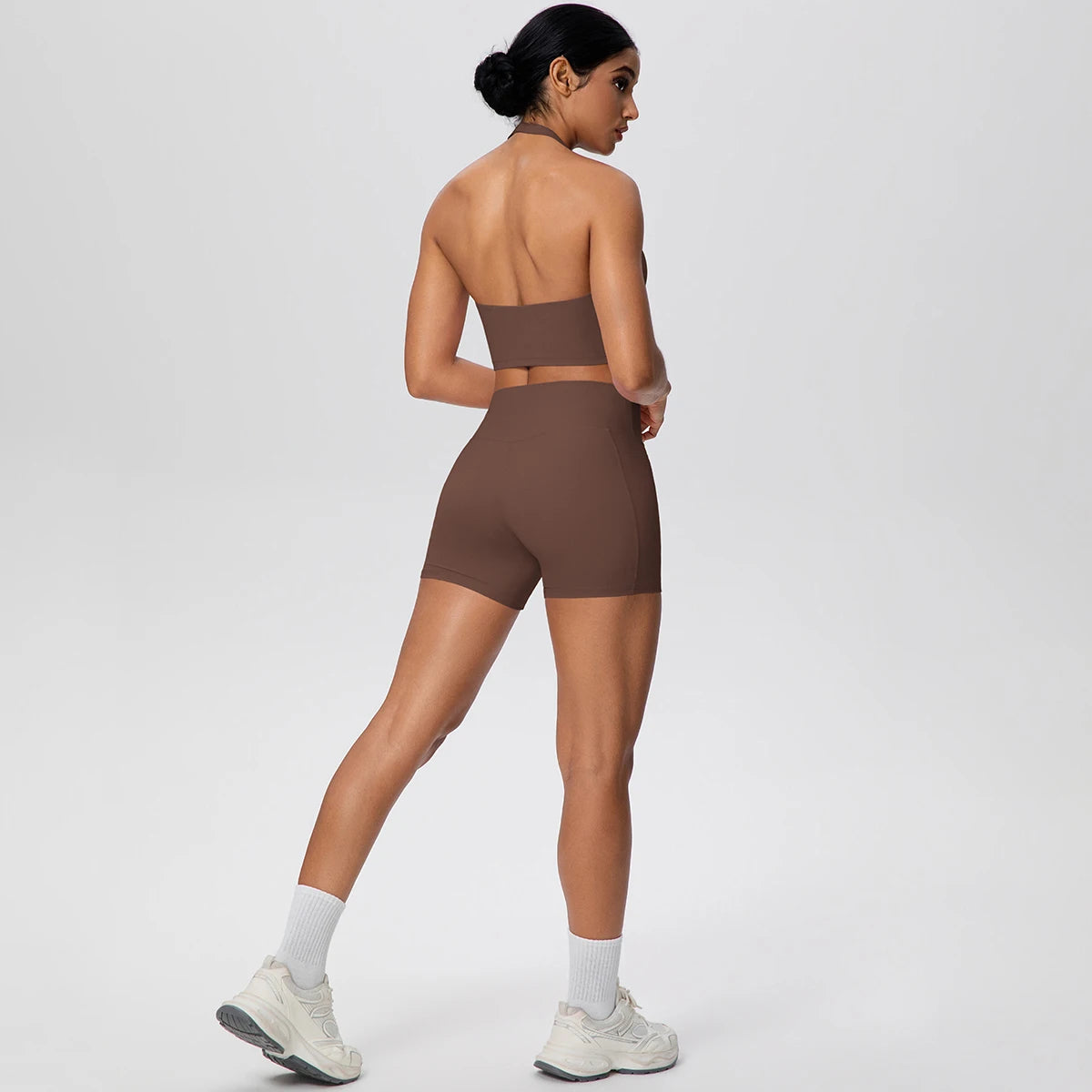 Women Yoga Set Quick-Dry Hip Push Up Fitness Running Shorts With Pockets Solid Color Sexy Backles Gather Halter Bra Gym Yoga Set