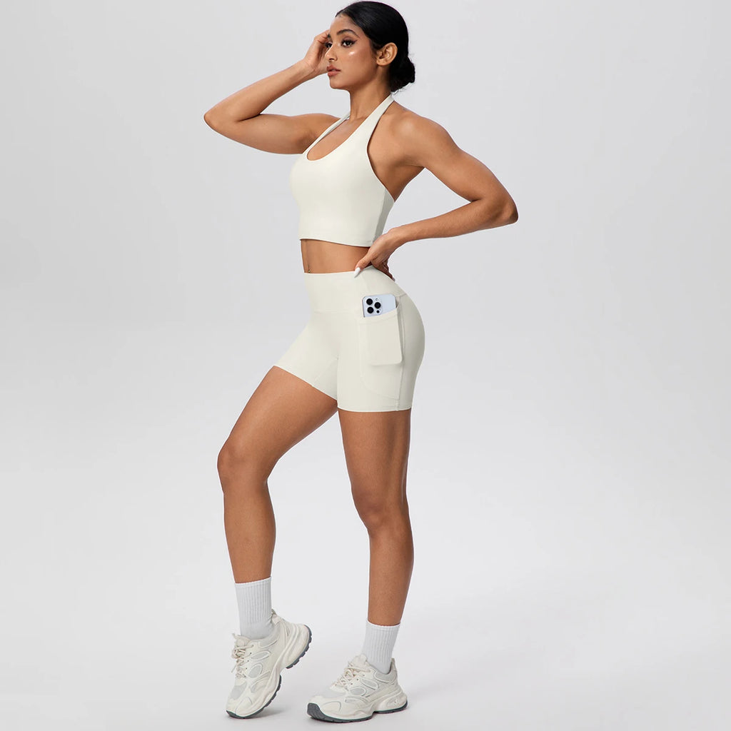 Women Yoga Set Quick-Dry Hip Push Up Fitness Running Shorts With Pockets Solid Color Sexy Backles Gather Halter Bra Gym Yoga Set