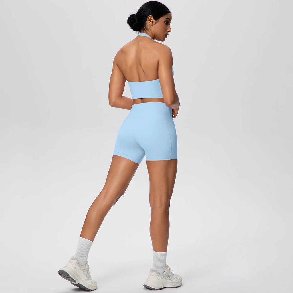 Women Yoga Set Quick-Dry Hip Push Up Fitness Running Shorts With Pockets Solid Color Sexy Backles Gather Halter Bra Gym Yoga Set