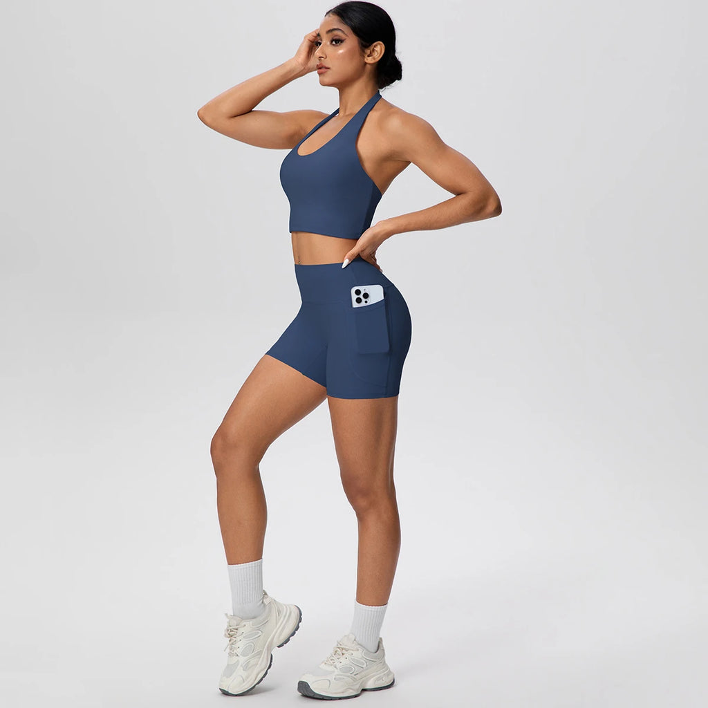 Women Yoga Set Quick-Dry Hip Push Up Fitness Running Shorts With Pockets Solid Color Sexy Backles Gather Halter Bra Gym Yoga Set