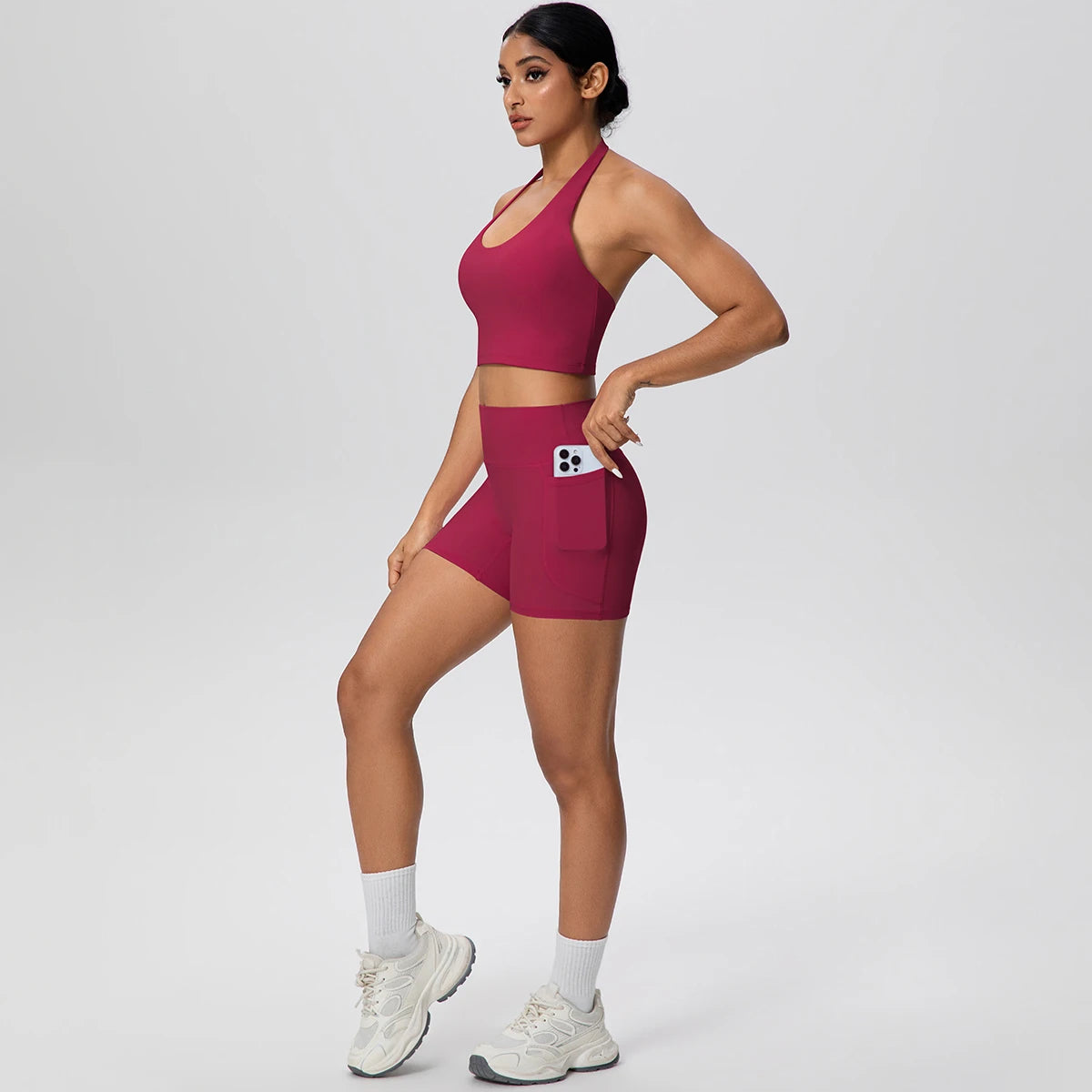 Women Yoga Set Quick-Dry Hip Push Up Fitness Running Shorts With Pockets Solid Color Sexy Backles Gather Halter Bra Gym Yoga Set