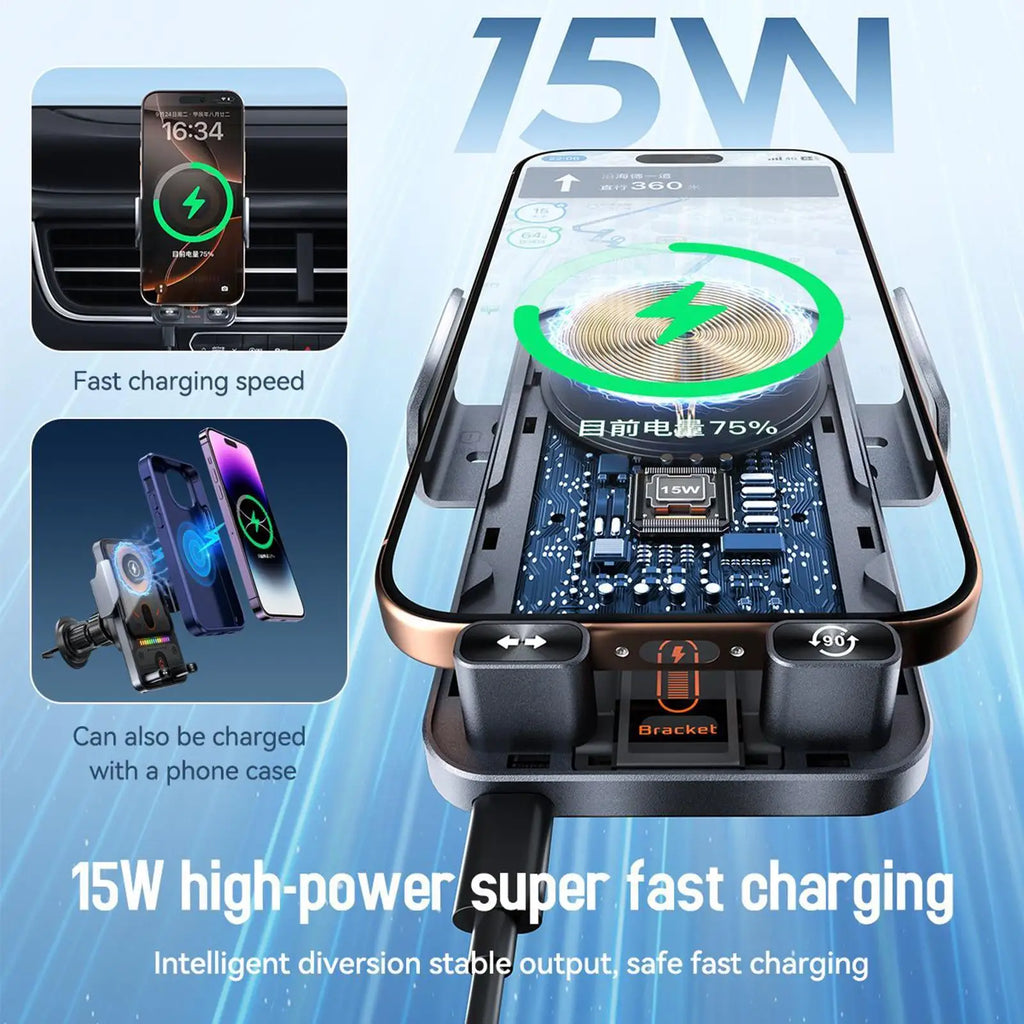Wireless Car Phone Charger 15W Fast Charging Air Vent Cradles Auto Clamping Phone Holders for Music Control Video Streaming