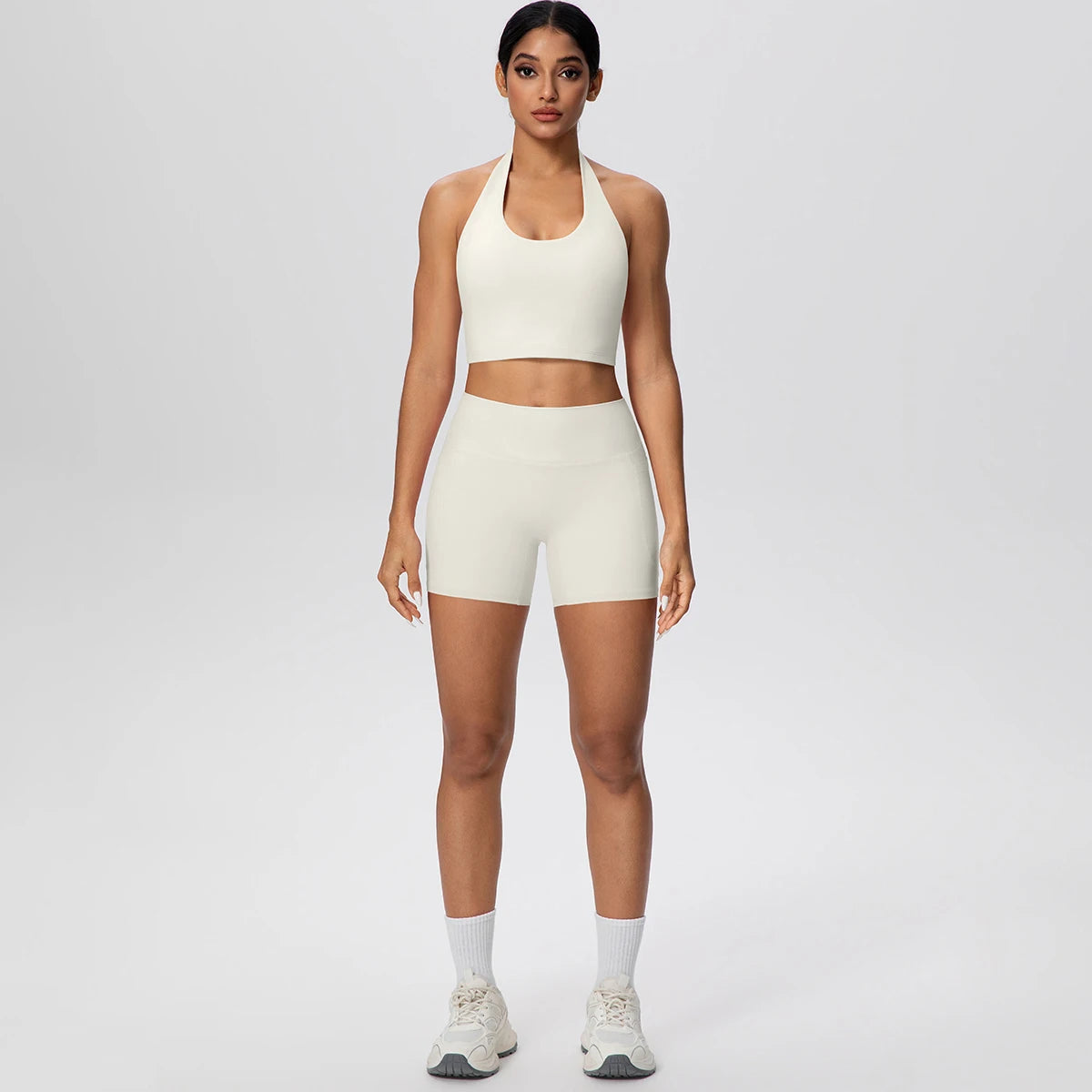 Women Yoga Set Quick-Dry Hip Push Up Fitness Running Shorts With Pockets Solid Color Sexy Backles Gather Halter Bra Gym Yoga Set
