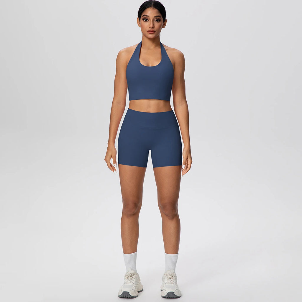 Women Yoga Set Quick-Dry Hip Push Up Fitness Running Shorts With Pockets Solid Color Sexy Backles Gather Halter Bra Gym Yoga Set