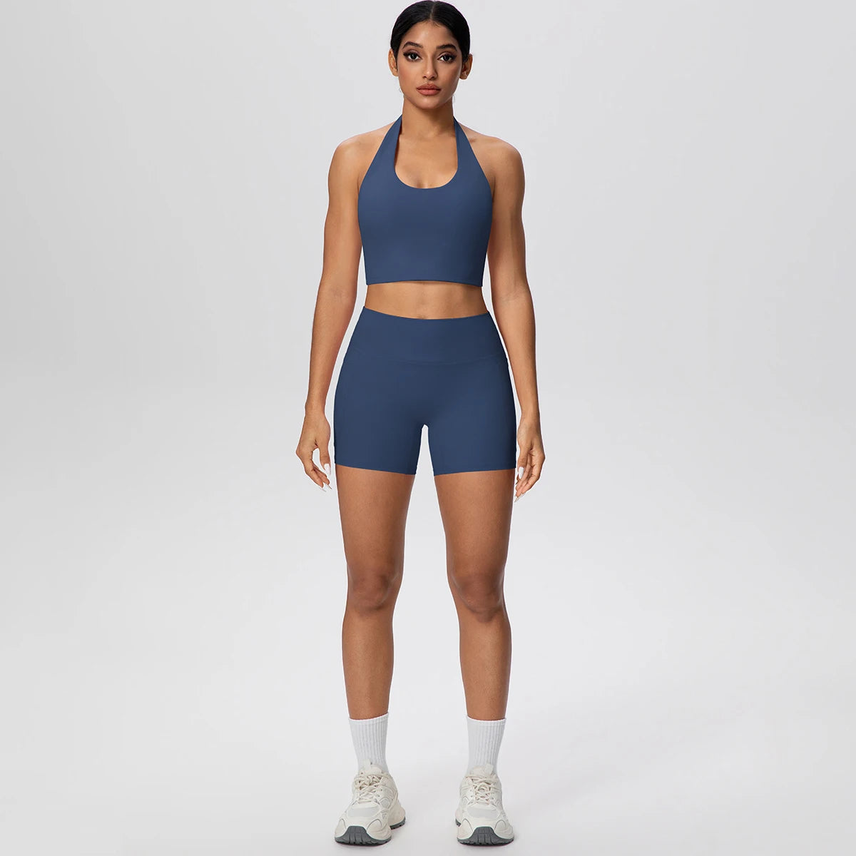 Women Yoga Set Quick-Dry Hip Push Up Fitness Running Shorts With Pockets Solid Color Sexy Backles Gather Halter Bra Gym Yoga Set