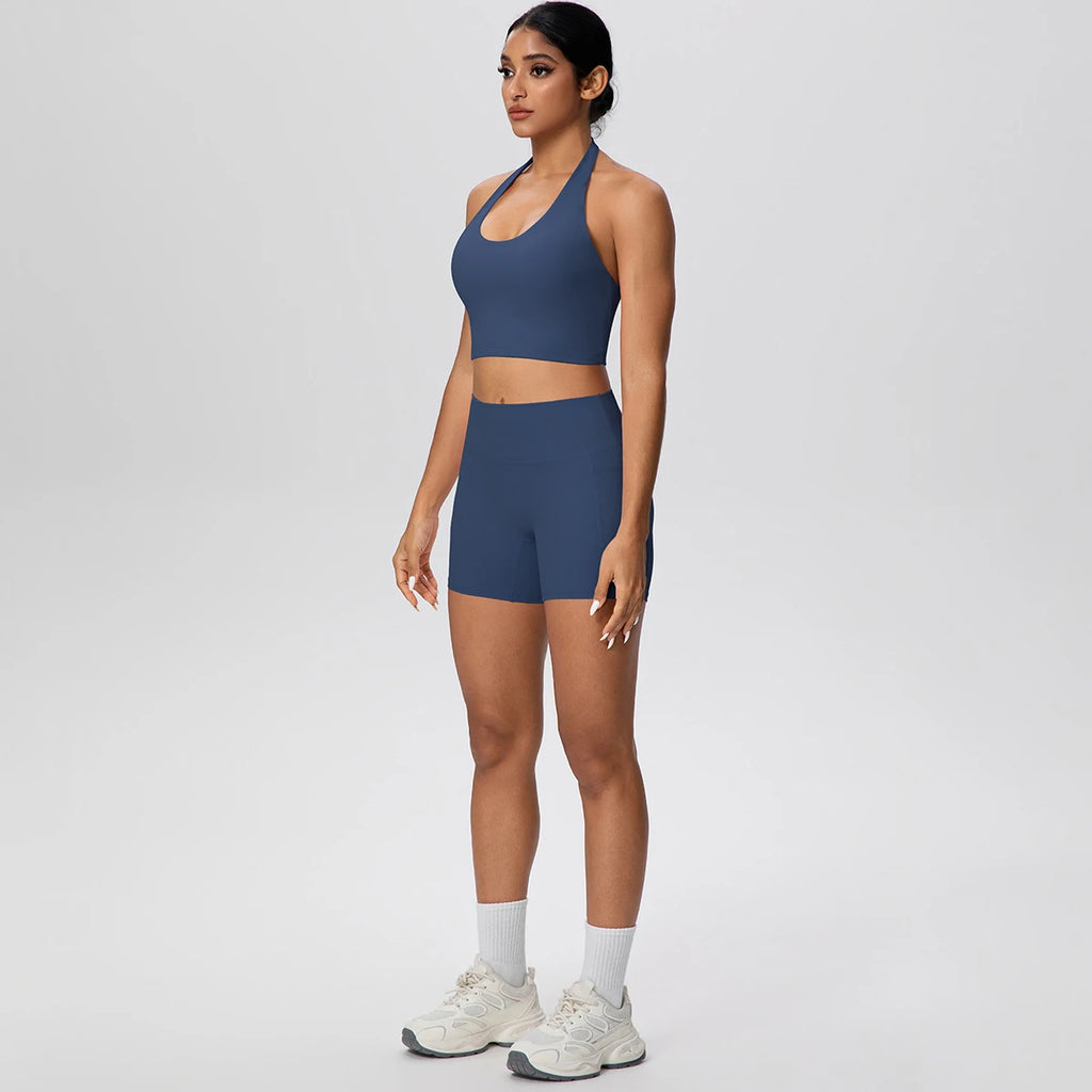 Women Yoga Set Quick-Dry Hip Push Up Fitness Running Shorts With Pockets Solid Color Sexy Backles Gather Halter Bra Gym Yoga Set