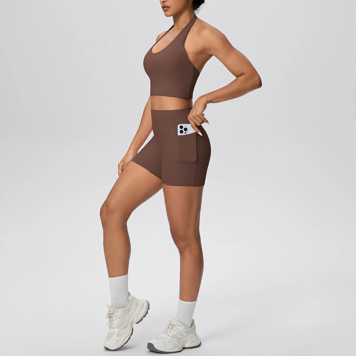 Women Yoga Set Quick-Dry Hip Push Up Fitness Running Shorts With Pockets Solid Color Sexy Backles Gather Halter Bra Gym Yoga Set