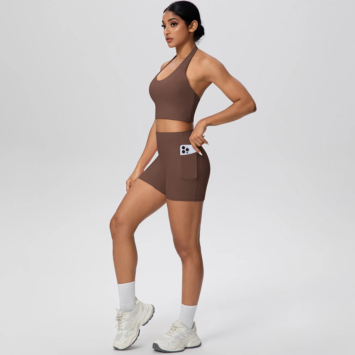 Women Yoga Set Quick-Dry Hip Push Up Fitness Running Shorts With Pockets Solid Color Sexy Backles Gather Halter Bra Gym Yoga Set