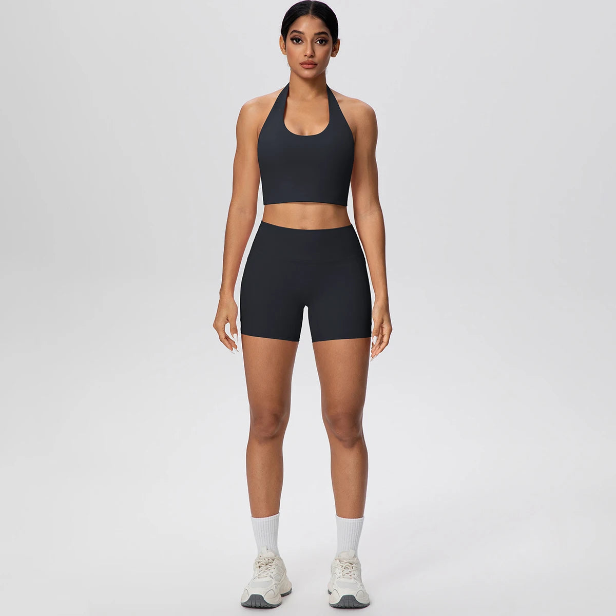 Women Yoga Set Quick-Dry Hip Push Up Fitness Running Shorts With Pockets Solid Color Sexy Backles Gather Halter Bra Gym Yoga Set