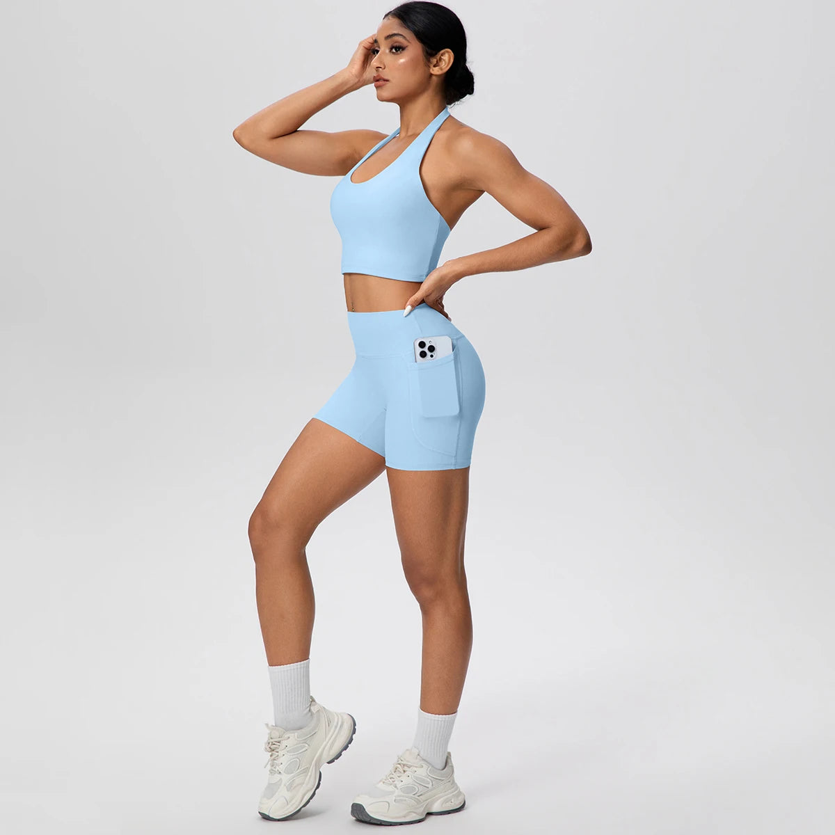 Women Yoga Set Quick-Dry Hip Push Up Fitness Running Shorts With Pockets Solid Color Sexy Backles Gather Halter Bra Gym Yoga Set