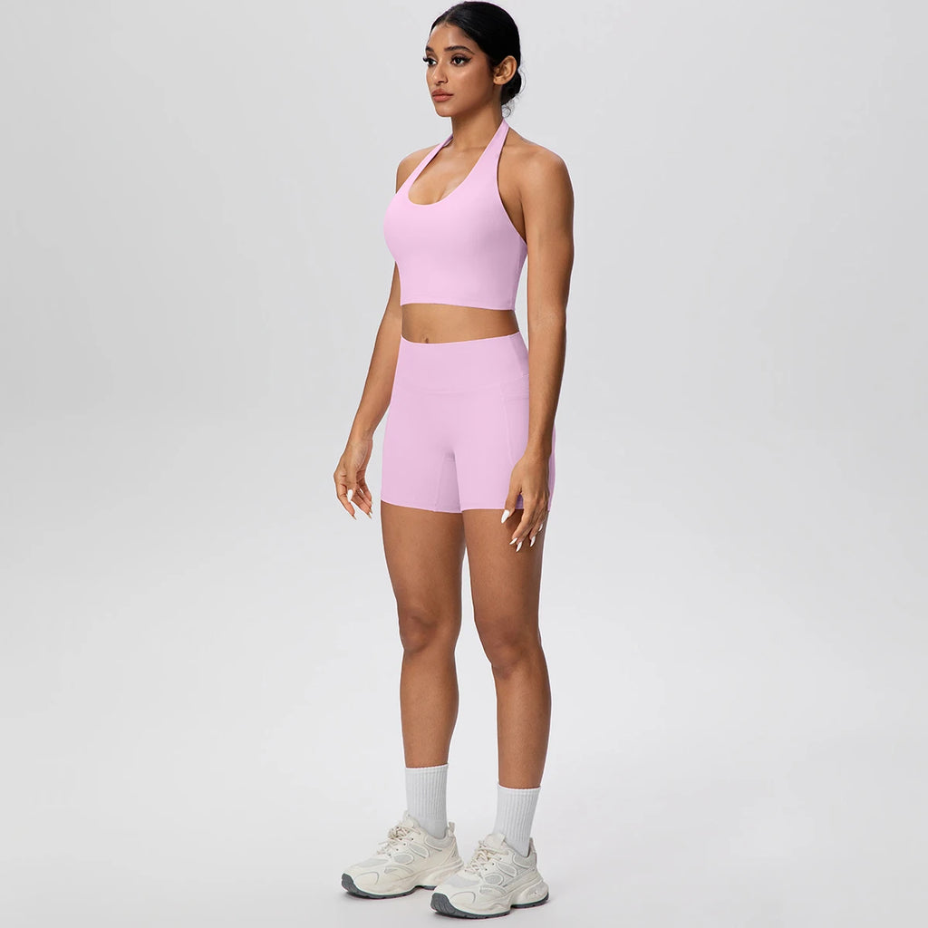 Women Yoga Set Quick-Dry Hip Push Up Fitness Running Shorts With Pockets Solid Color Sexy Backles Gather Halter Bra Gym Yoga Set
