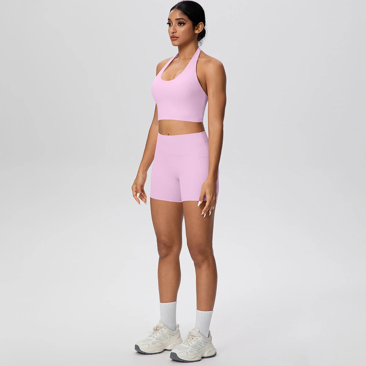 Women Yoga Set Quick-Dry Hip Push Up Fitness Running Shorts With Pockets Solid Color Sexy Backles Gather Halter Bra Gym Yoga Set