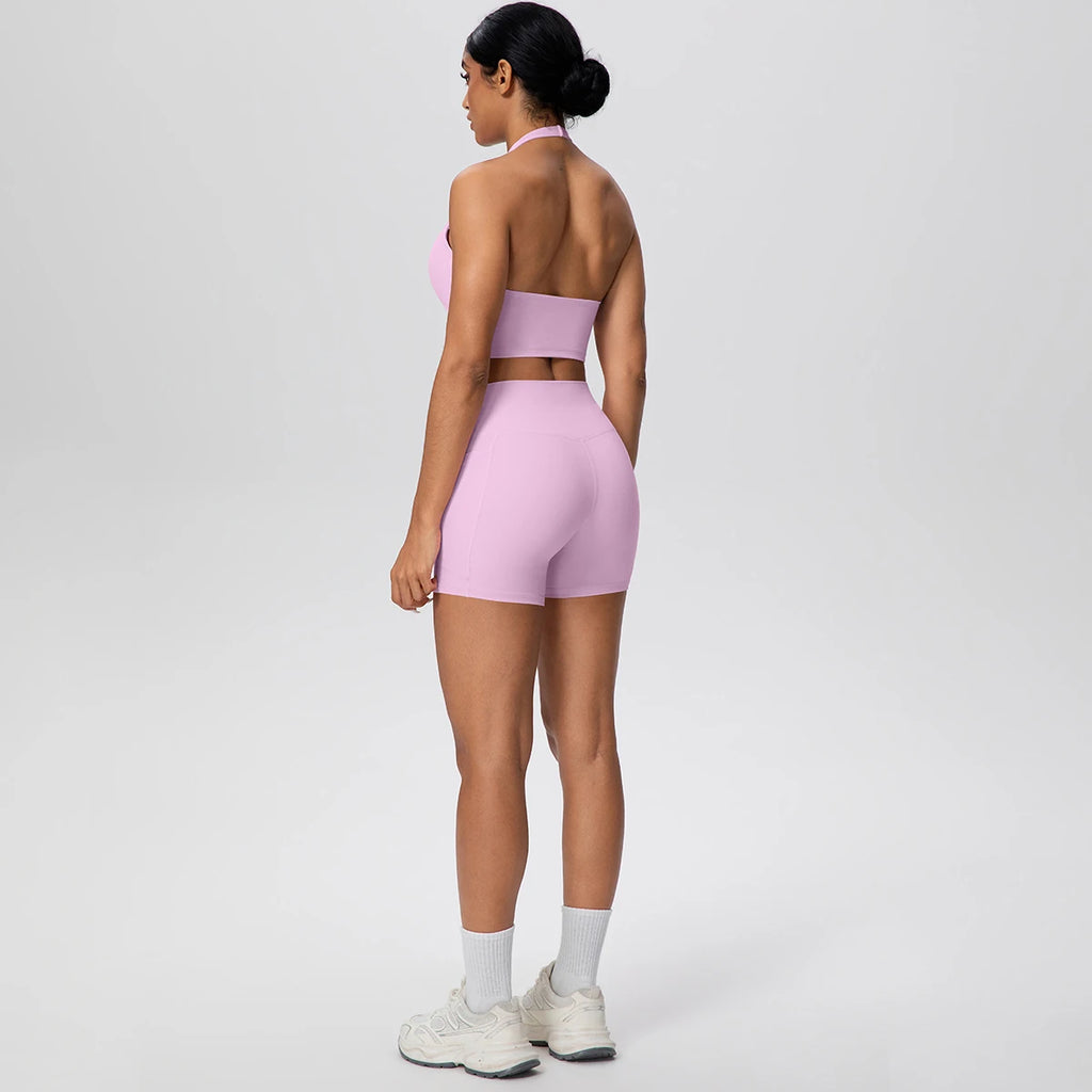 Women Yoga Set Quick-Dry Hip Push Up Fitness Running Shorts With Pockets Solid Color Sexy Backles Gather Halter Bra Gym Yoga Set