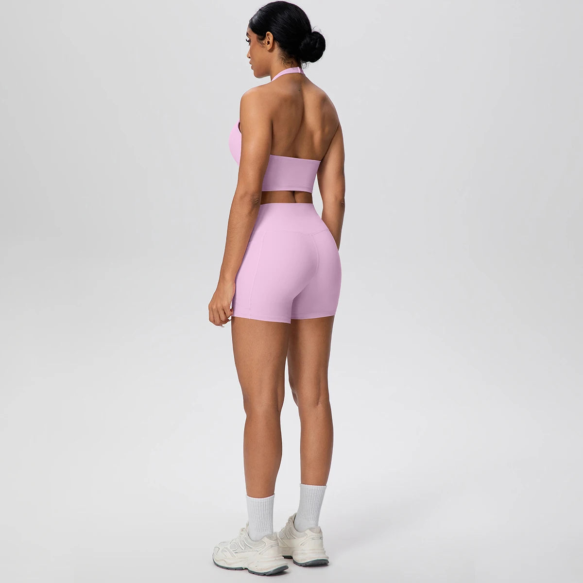 Women Yoga Set Quick-Dry Hip Push Up Fitness Running Shorts With Pockets Solid Color Sexy Backles Gather Halter Bra Gym Yoga Set