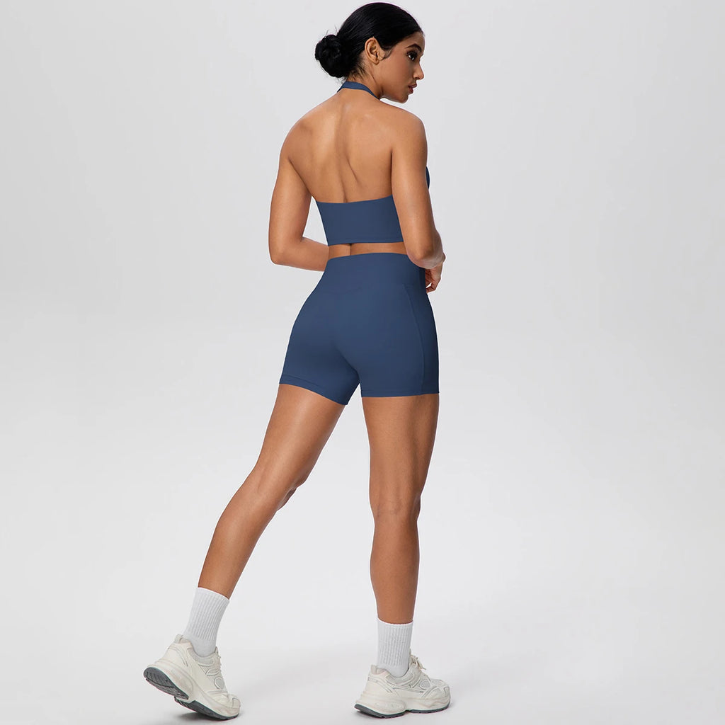 Women Yoga Set Quick-Dry Hip Push Up Fitness Running Shorts With Pockets Solid Color Sexy Backles Gather Halter Bra Gym Yoga Set