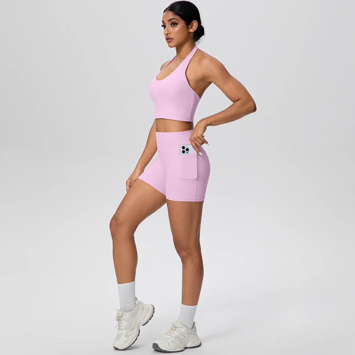 Women Yoga Set Quick-Dry Hip Push Up Fitness Running Shorts With Pockets Solid Color Sexy Backles Gather Halter Bra Gym Yoga Set
