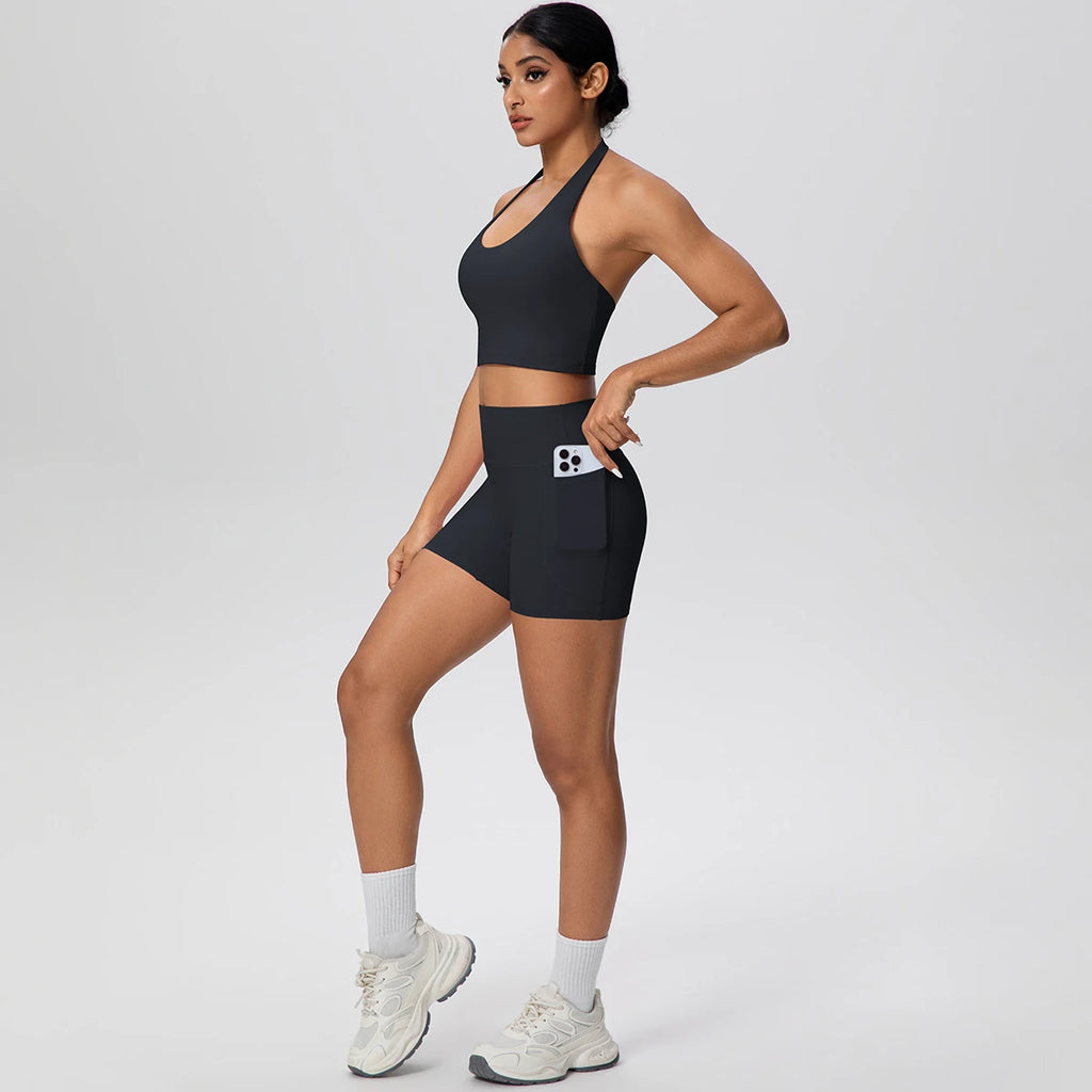 Women Yoga Set Quick-Dry Hip Push Up Fitness Running Shorts With Pockets Solid Color Sexy Backles Gather Halter Bra Gym Yoga Set