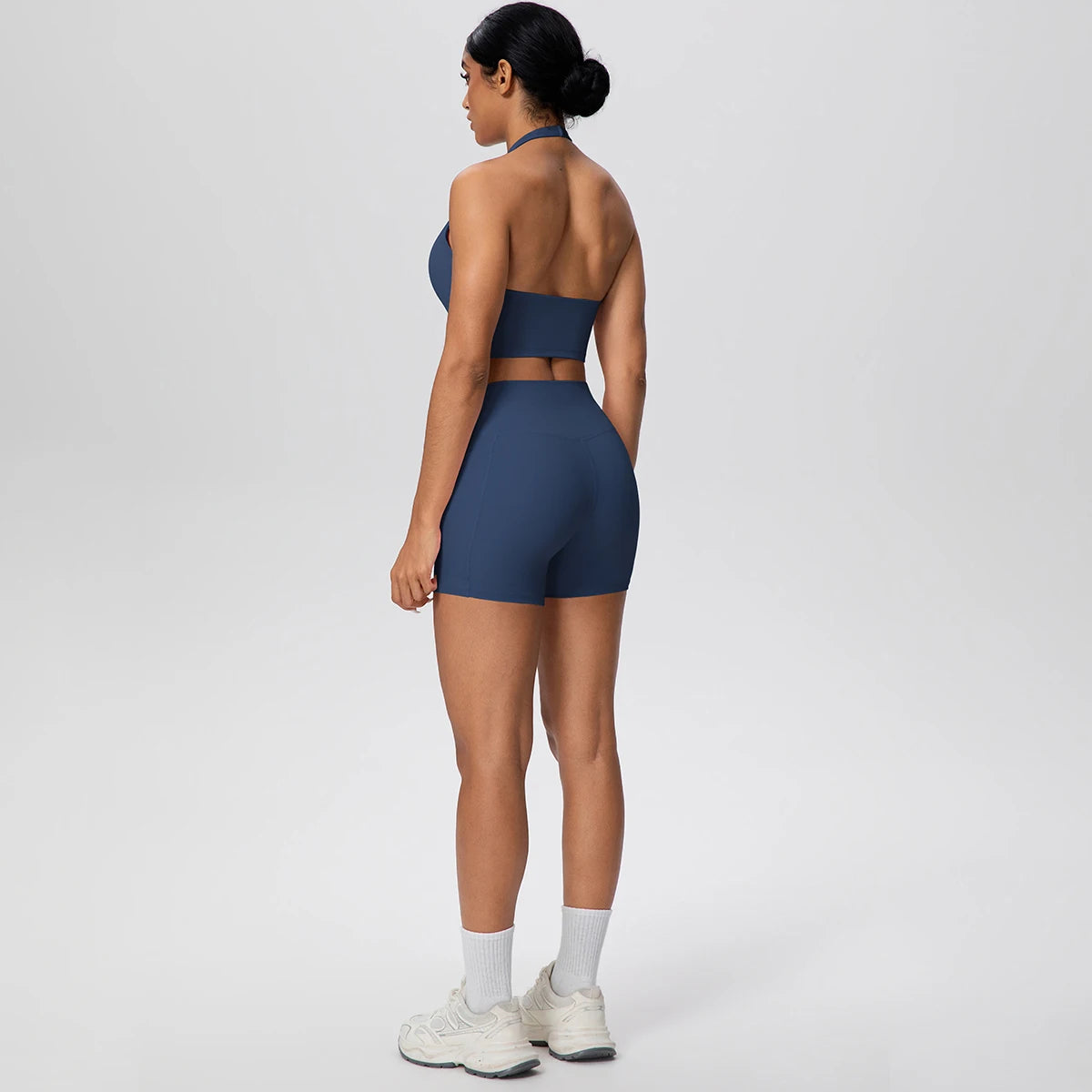 Women Yoga Set Quick-Dry Hip Push Up Fitness Running Shorts With Pockets Solid Color Sexy Backles Gather Halter Bra Gym Yoga Set