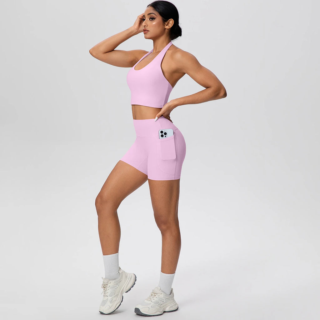 Women Yoga Set Quick-Dry Hip Push Up Fitness Running Shorts With Pockets Solid Color Sexy Backles Gather Halter Bra Gym Yoga Set