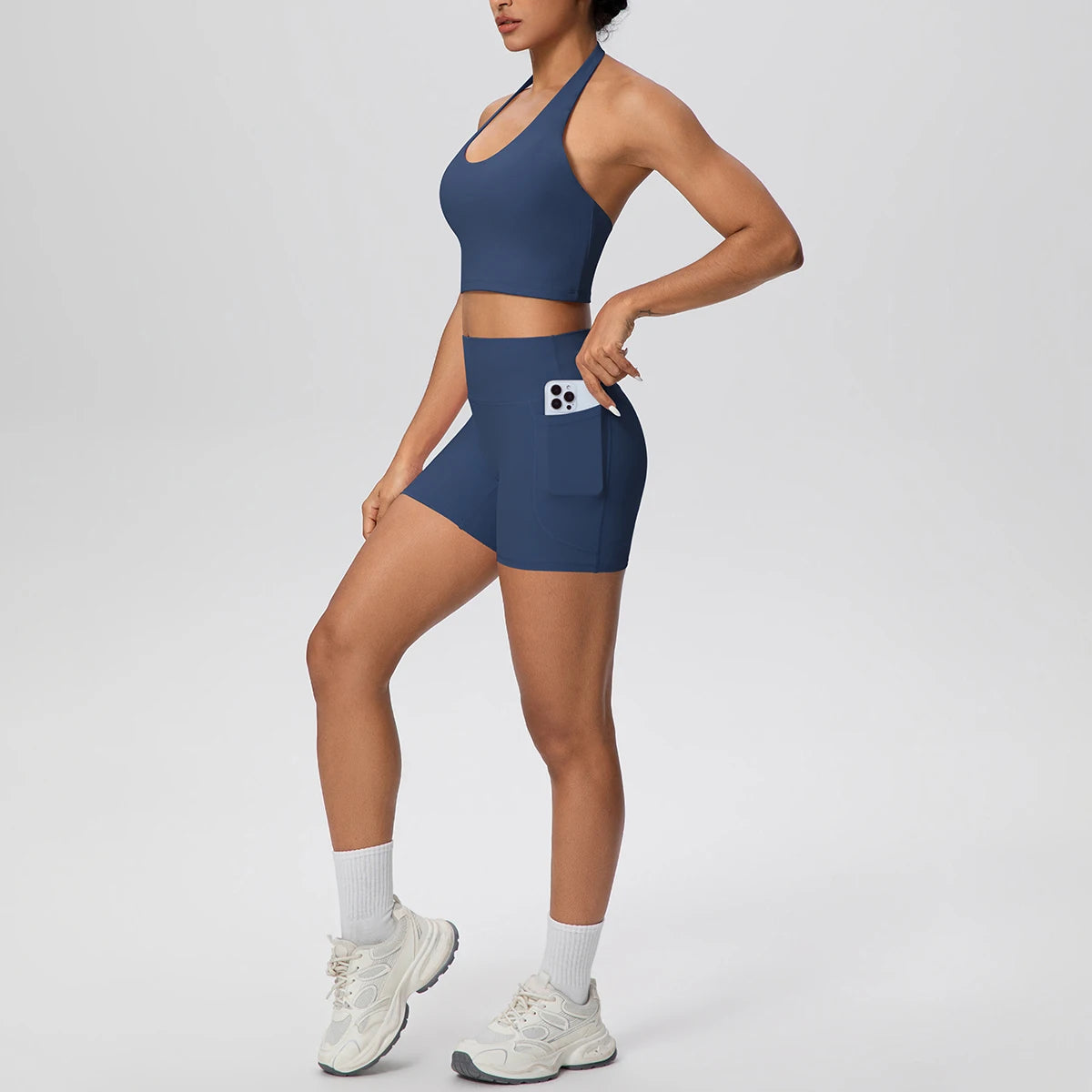 Women Yoga Set Quick-Dry Hip Push Up Fitness Running Shorts With Pockets Solid Color Sexy Backles Gather Halter Bra Gym Yoga Set