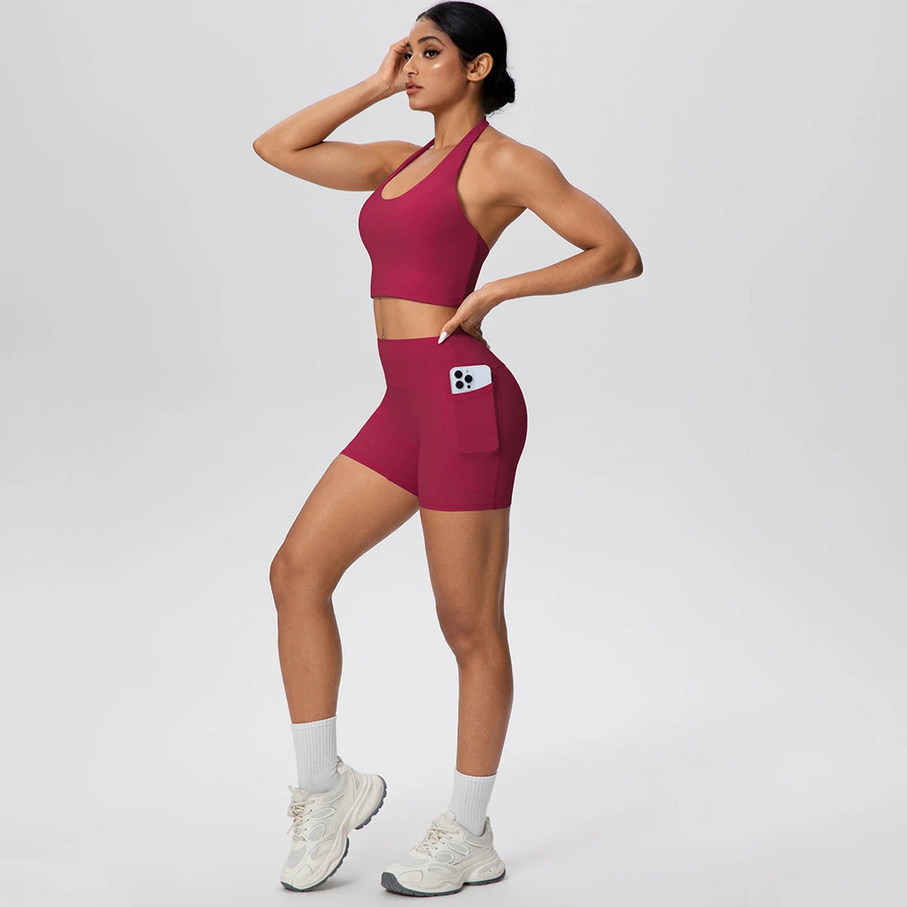 Women Yoga Set Quick-Dry Hip Push Up Fitness Running Shorts With Pockets Solid Color Sexy Backles Gather Halter Bra Gym Yoga Set