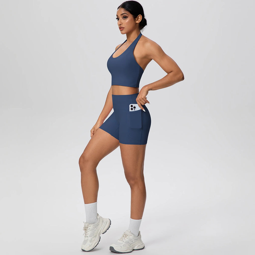 Women Yoga Set Quick-Dry Hip Push Up Fitness Running Shorts With Pockets Solid Color Sexy Backles Gather Halter Bra Gym Yoga Set