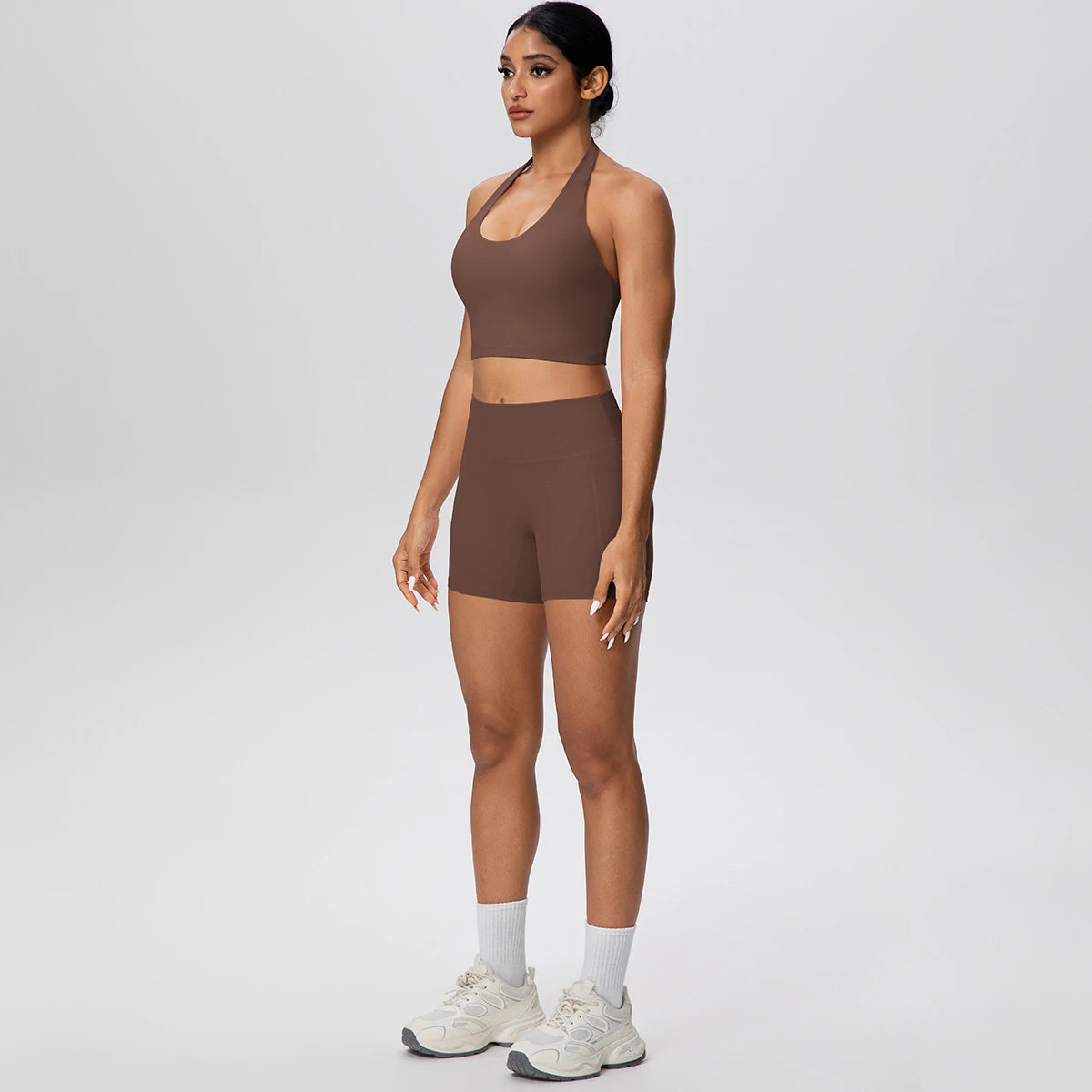 Women Yoga Set Quick-Dry Hip Push Up Fitness Running Shorts With Pockets Solid Color Sexy Backles Gather Halter Bra Gym Yoga Set