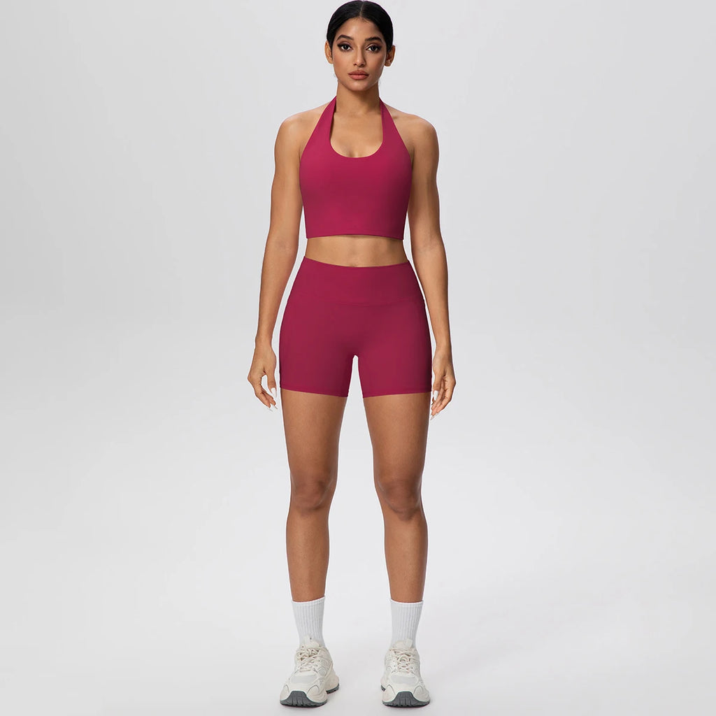 Women Yoga Set Quick-Dry Hip Push Up Fitness Running Shorts With Pockets Solid Color Sexy Backles Gather Halter Bra Gym Yoga Set