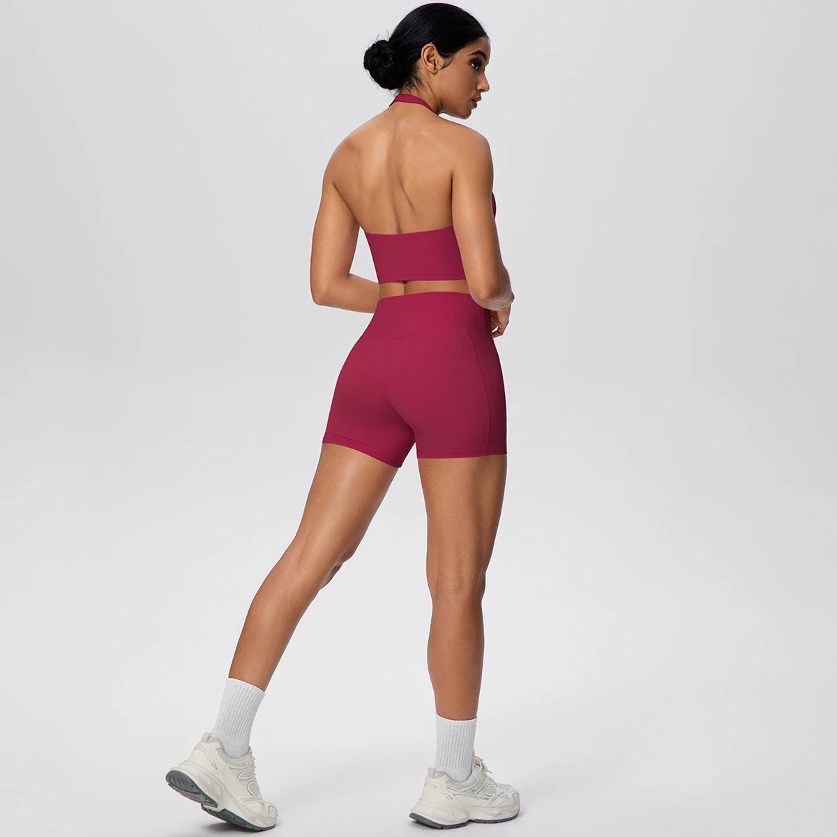 Women Yoga Set Quick-Dry Hip Push Up Fitness Running Shorts With Pockets Solid Color Sexy Backles Gather Halter Bra Gym Yoga Set