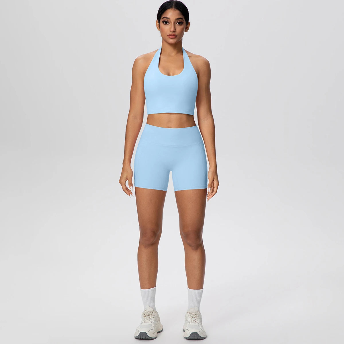 Women Yoga Set Quick-Dry Hip Push Up Fitness Running Shorts With Pockets Solid Color Sexy Backles Gather Halter Bra Gym Yoga Set
